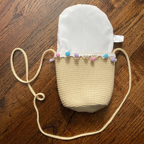 Crossbody Bag Kid Purse Woven PomPom accents Cream Pastel Pink Blue White Purple - Picture 7 of 10
